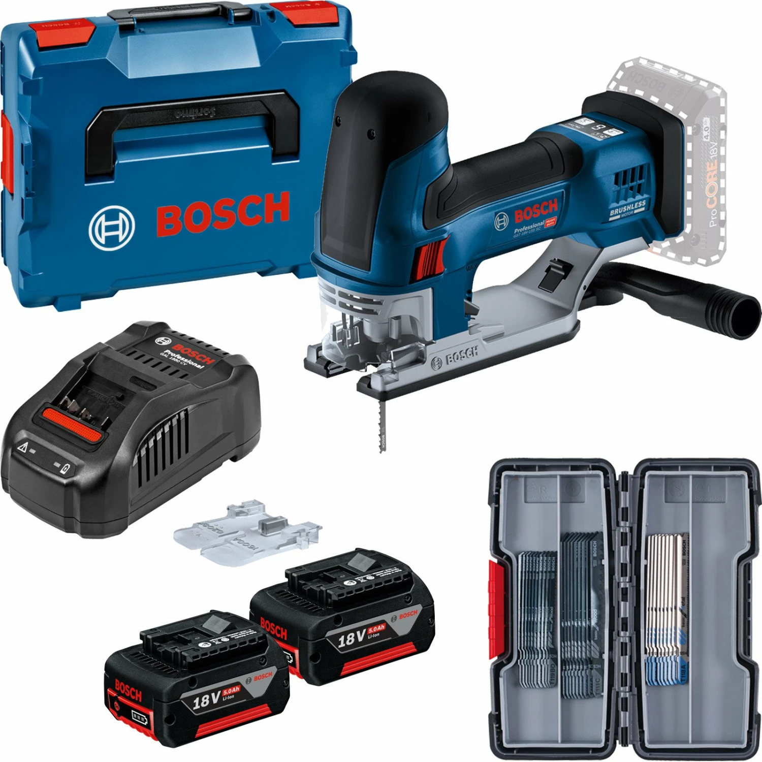 Bosch Akku-Stichsäge GST 18V-155 SC / 2x 5,0 Ah + Ladegerät In L-Boxx 136 + SSB-Set 30tlg. W+M 3 Bosch Akku-Stichsäge GST 18V-155 SC / 2x 5,0 Ah + Ladegerät In L-Boxx 136 + SSB-Set 30tlg. W+M
