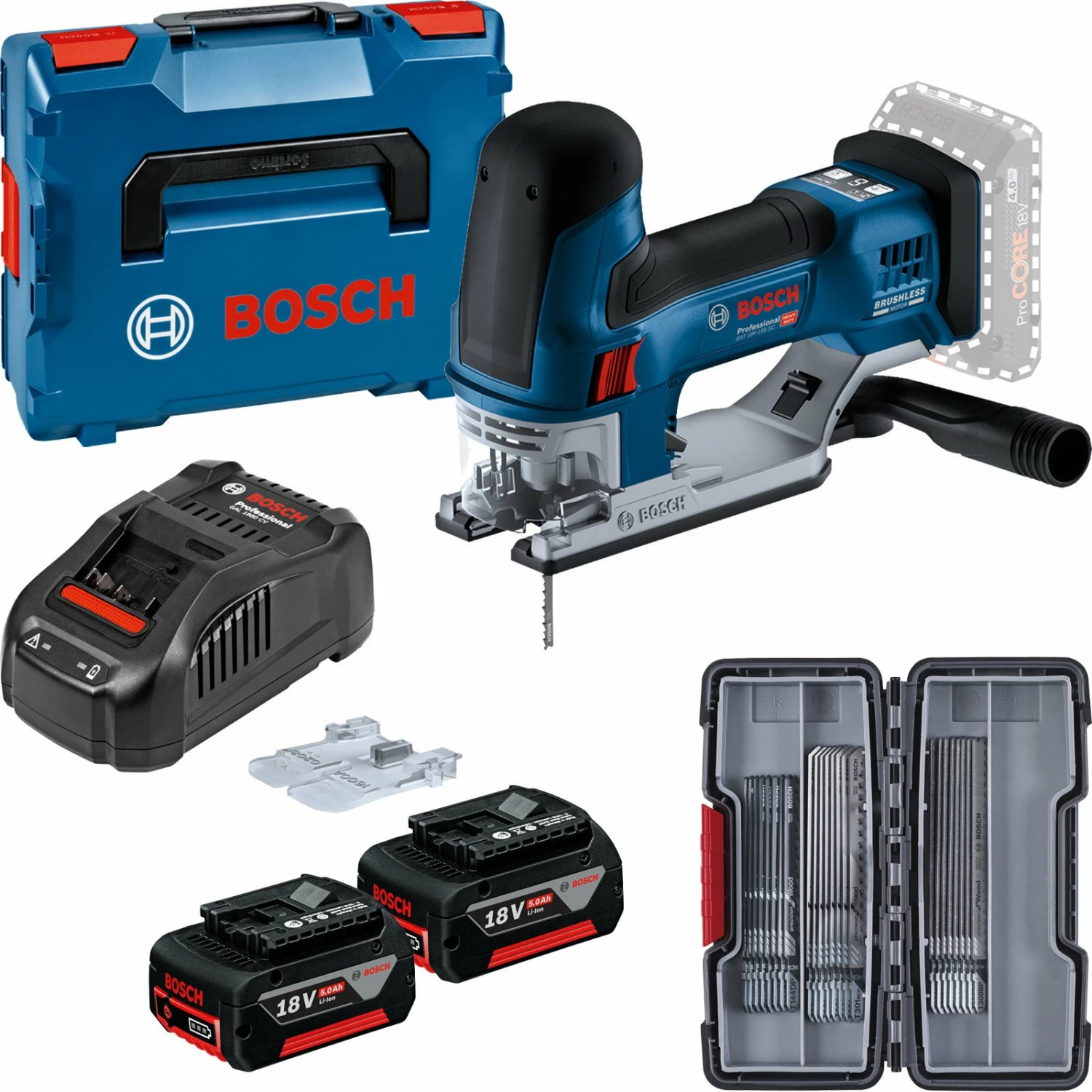 Bosch Akku-Stichsäge GST 18V-155 SC / 2x 5,0 Ah + Ladegerät In L-Boxx 136 + SSB-Set 30tlg. W 3 Bosch Akku-Stichsäge GST 18V-155 SC / 2x 5,0 Ah + Ladegerät In L-Boxx 136 + SSB-Set 30tlg. W