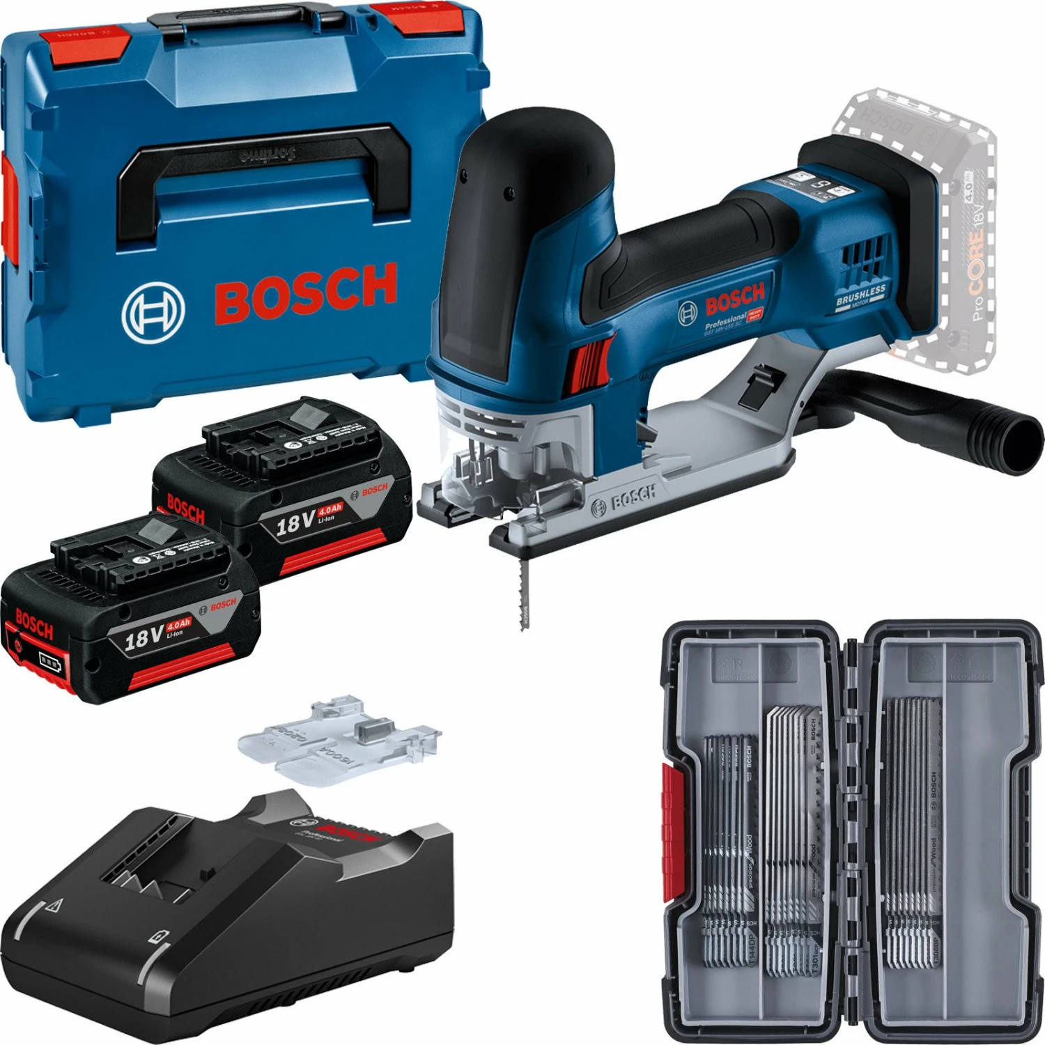 Bosch Akku-Stichsäge GST 18V-155 SC / 2x 4,0 Ah + Ladegerät In L-Boxx 136 + SSB-Set 30tlg. W 3 Bosch Akku-Stichsäge GST 18V-155 SC / 2x 4,0 Ah + Ladegerät In L-Boxx 136 + SSB-Set 30tlg. W