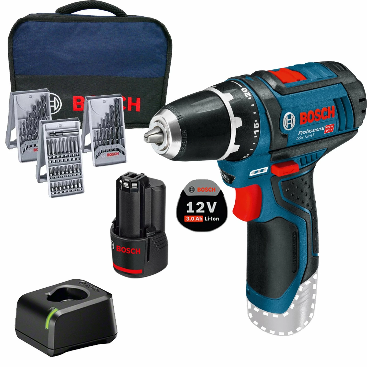 Bosch Akku-Bohrschrauber GSR 12V-15 / 1x 3,0 Ah Akku + Ladegerät Inkl. Zubehör Im Softbag 3 Bosch Akku-Bohrschrauber GSR 12V-15 / 1x 3,0 Ah Akku + Ladegerät Inkl. Zubehör Im Softbag