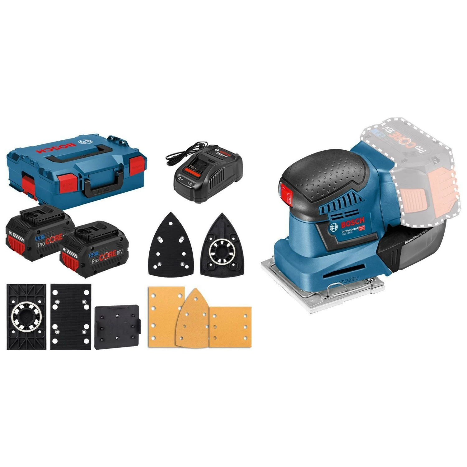 Bosch Akku-Schwingschleifer GSS 18V-10 / 2x 5,5 Ah ProCORE18V Akku + Ladegerät In L-Boxx 3 Bosch Akku-Schwingschleifer GSS 18V-10 / 2x 5,5 Ah ProCORE18V Akku + Ladegerät In L-Boxx