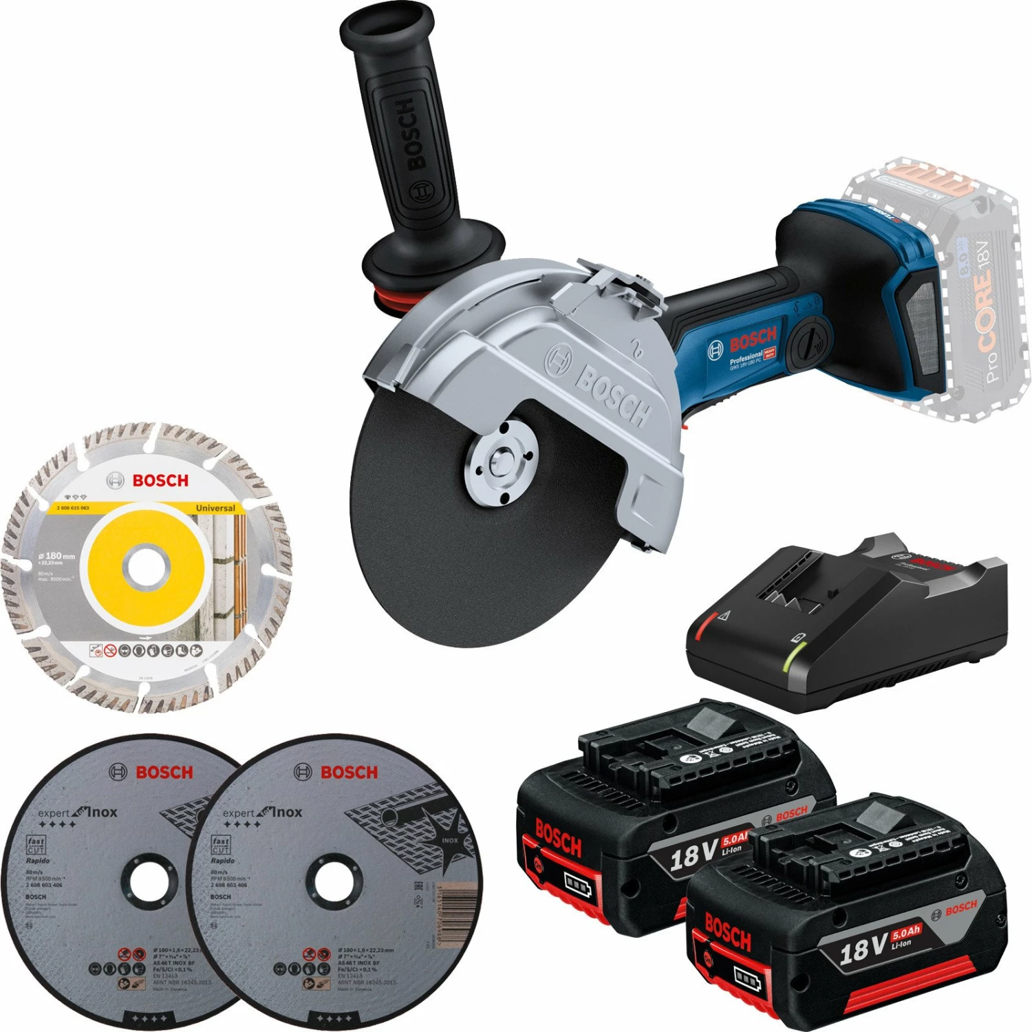 Bosch Akku-Winkelschleifer GWS 18V-180 PC / 2x 5,0 Ah + GAL 18V-40 3 Bosch Akku-Winkelschleifer GWS 18V-180 PC / 2x 5,0 Ah + GAL 18V-40