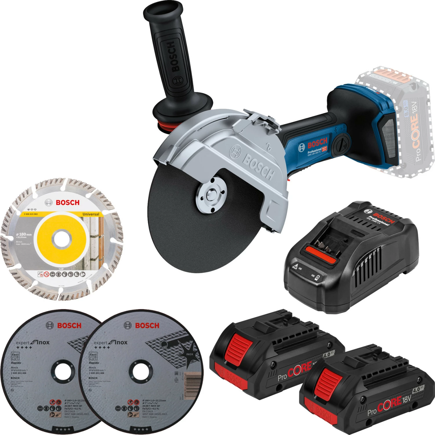 Bosch Akku-Winkelschleifer GWS 18V-180 PC / 2x 4,0 Ah ProCore + GAL 1880 CV 3 Bosch Akku-Winkelschleifer GWS 18V-180 PC / 2x 4,0 Ah ProCore + GAL 1880 CV