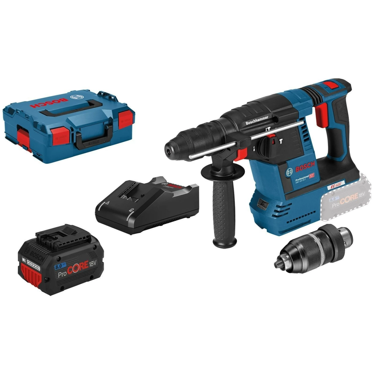 Bosch Akku-Bohrhammer GBH 18V-26 F Mit SDS Plus / 1x 8,0 Ah ProCORE18V Akku + Ladegerät Inkl. Schnellspannbohrfutter In L-Boxx 3 Bosch Akku-Bohrhammer GBH 18V-26 F Mit SDS Plus / 1x 8,0 Ah ProCORE18V Akku + Ladegerät Inkl. Schnellspannbohrfutter In L-Boxx