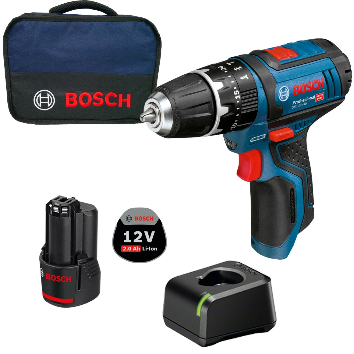 Bosch Akku-Schlagbohrschrauber GSB 12V-15 Professional 12 V / 1x 2,0 Ah Akku + Ladegerät Im Softbag 3 Bosch Akku-Schlagbohrschrauber GSB 12V-15 Professional 12 V / 1x 2,0 Ah Akku + Ladegerät Im Softbag