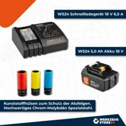 WS24 Akku-Drehschlagschrauber WDS 18V 1/2" 1.600 NM / 1x 5,0 Ah Akku + Schnellladegerät Inkl. Steckschlüsseleinsätze -elektrische Bohrmaschine Geschäft drehschlagschrauber ladeger t steckschl sse akku 100454 06 4
